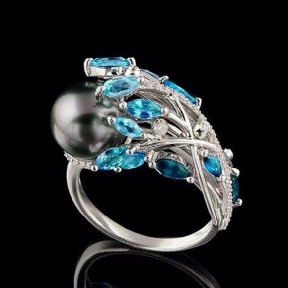 Luxury 925 Silver Round Cut Black Pearl Ring New
